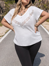 Plus Size Lace Detail V-Neck Short Sleeve Blouse - Pahabu - Women's Clothing & Shop