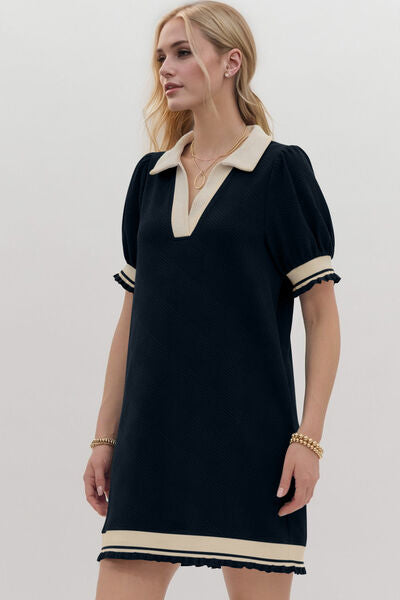 Oh Frill Contrast Trim Johnny Collar Short Sleeve Mini Dress - Pahabu - Women's Clothing & Shop