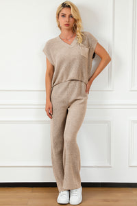 Pocketed V-Neck Top and Wide Leg Sweater Set - Pahabu - Women's Clothing & Shop