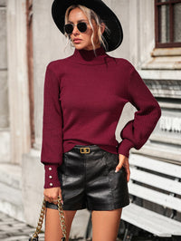Mock Neck Ribbed Lantern Sleeve Pullover Sweater - Pahabu - Women's Clothing & Shop