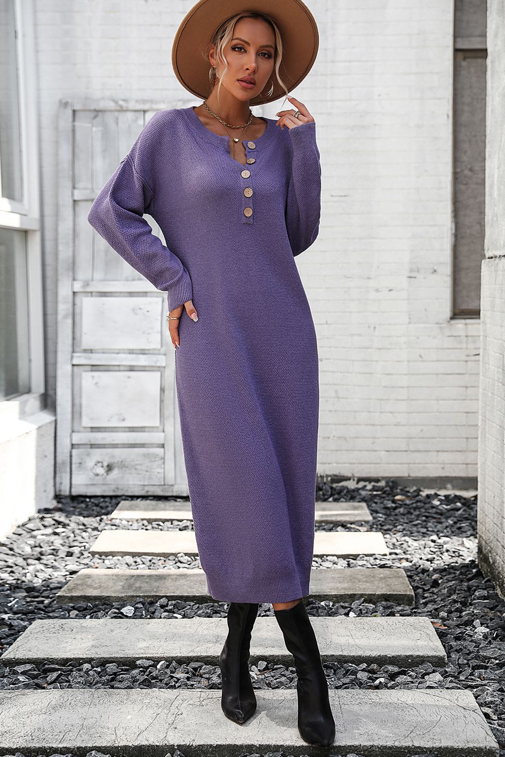 Notched Neck Dropped Shoulder Button-Down Midi Dress - Pahabu - Women's Clothing & Shop