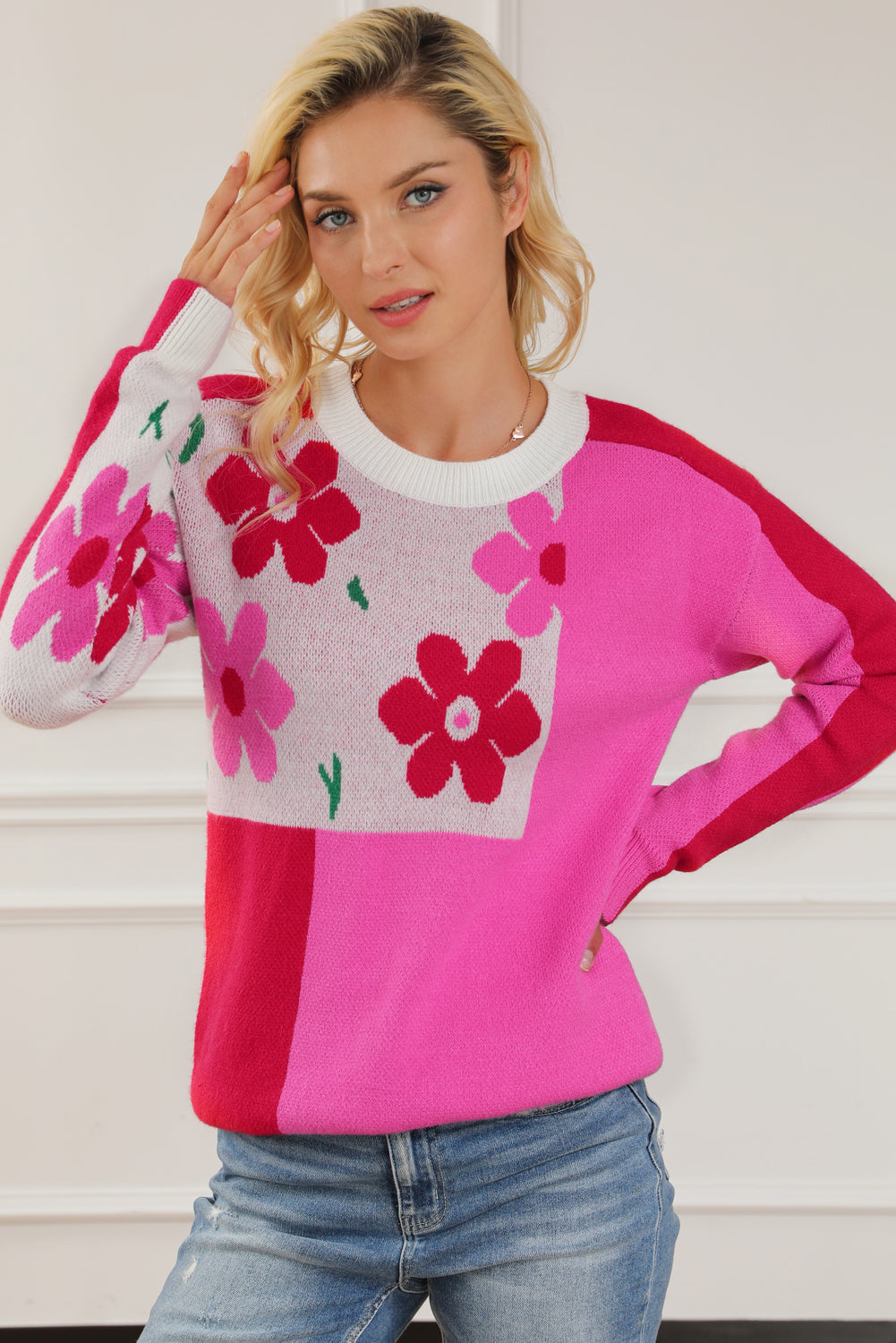 Floral Round Neck Dropped Shoulder Sweater - Pahabu - Women's Clothing & Shop