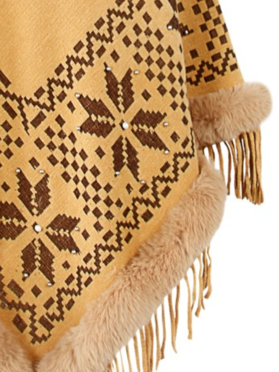 Fringe Geometric Cape Sleeve Poncho - Pahabu - Women's Clothing & Shop