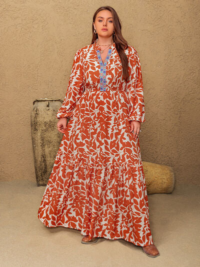 Plus Size Printed Notched Long Sleeve Maxi Dress - Pahabu - Women's Clothing & Shop