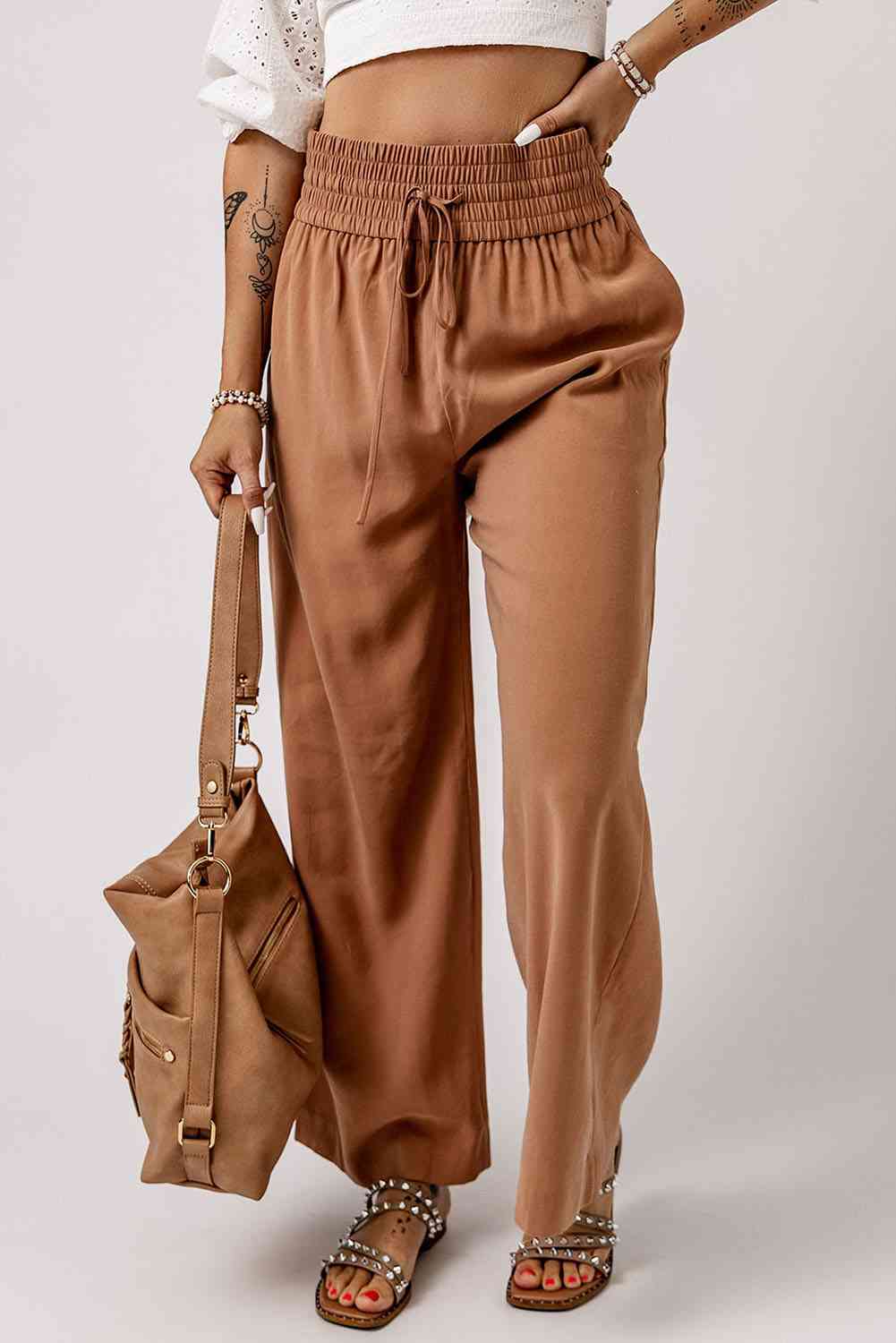 Drawstring Smocked Waist Wide Leg Pants - Pahabu - Women's Clothing & Shop