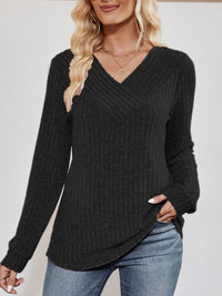 V-Neck Ribbed Long Sleeve Top - Pahabu - Women's Clothing & Shop