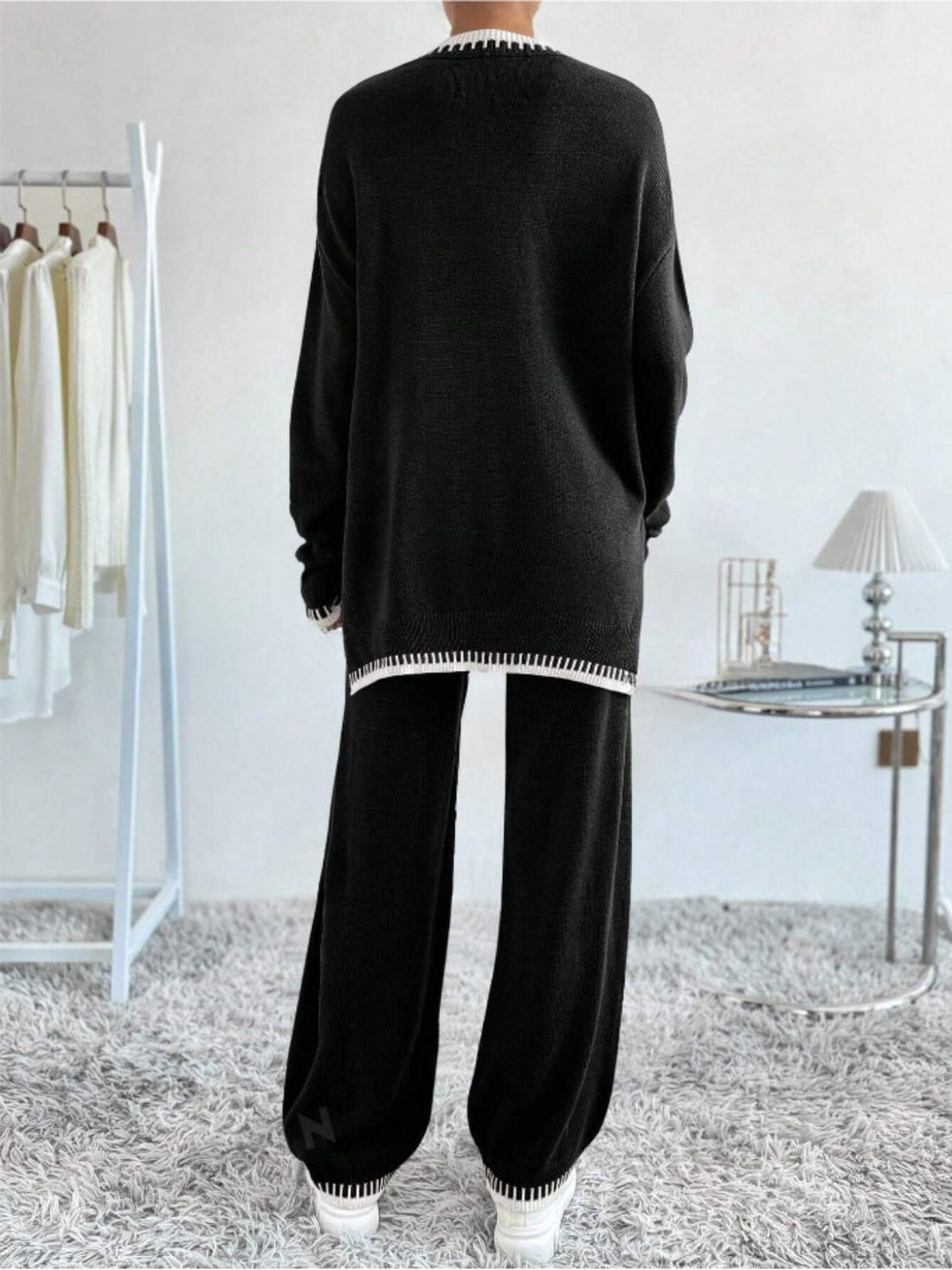Side Slit Contrast Trim Round Neck Top and Pants Sweater Set - Pahabu - Women's Clothing & Shop