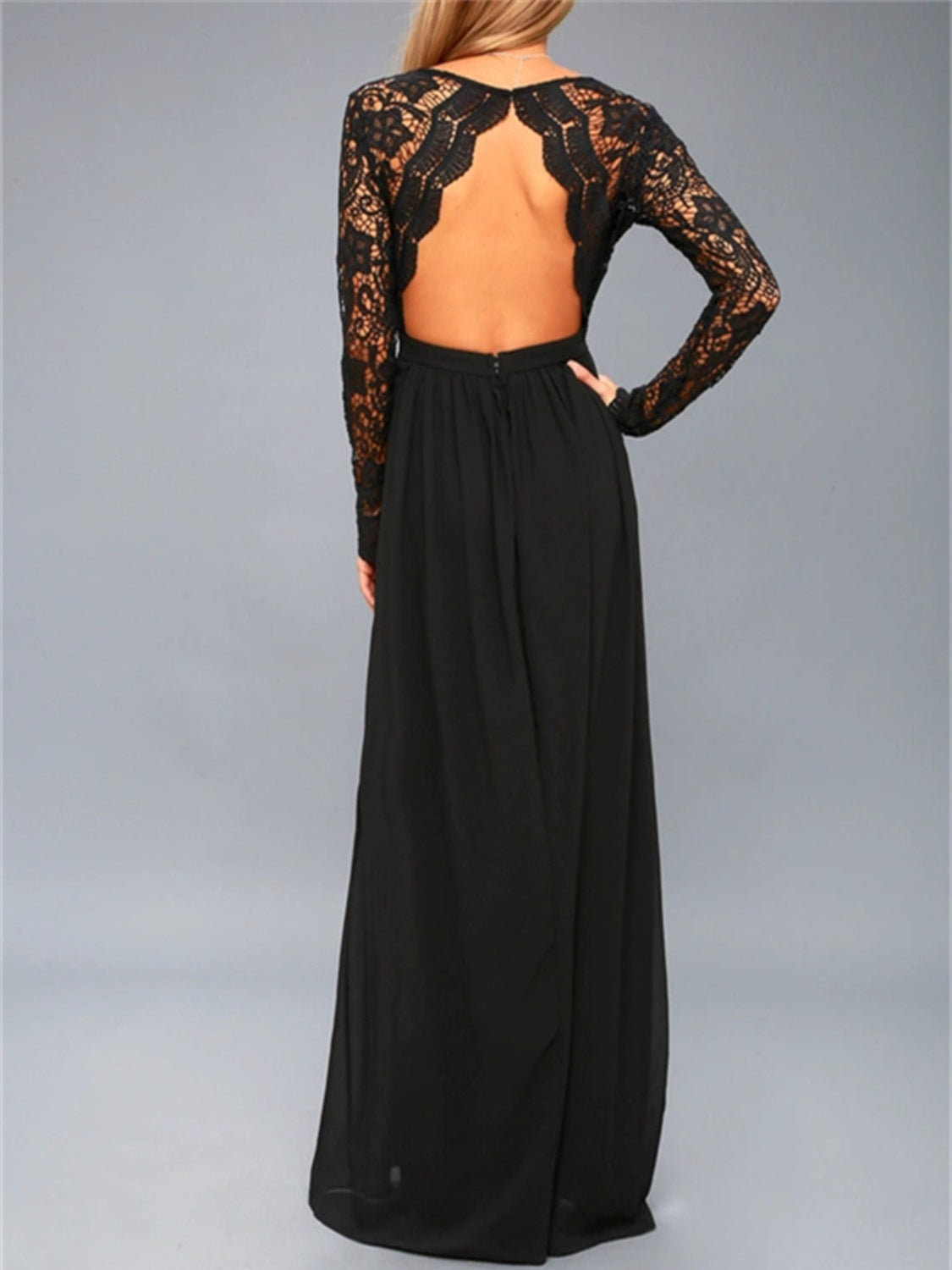 Lace Detail Backless Long Sleeve Maxi Dress - Pahabu - Women's Clothing & Shop