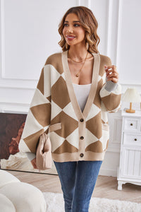 Geometric Lantern Sleeve Cardigan with Pockets - Pahabu - Women's Clothing & Shop