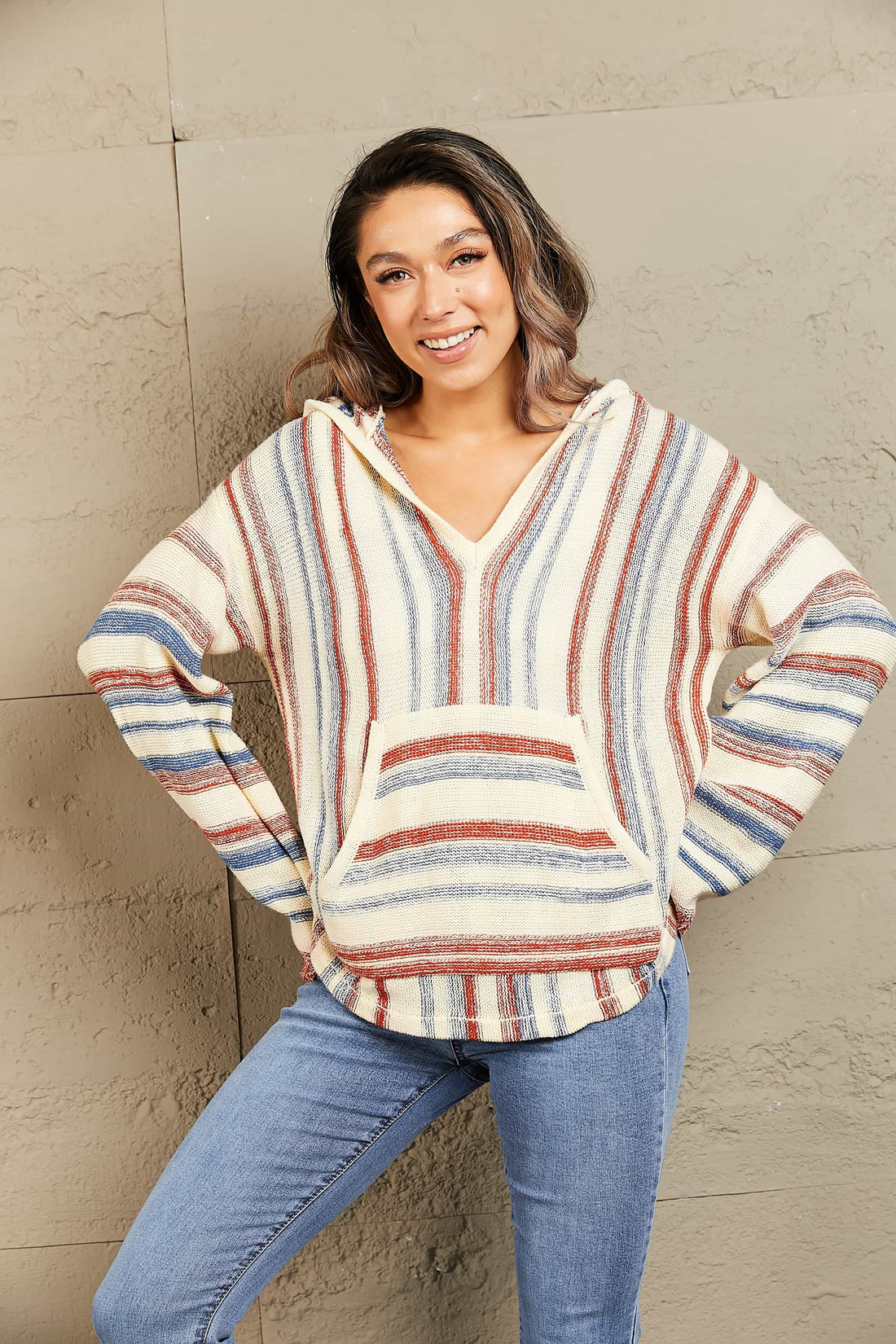 Striped Hooded Sweater with Kangaroo Pocket - Pahabu - Women's Clothing & Shop