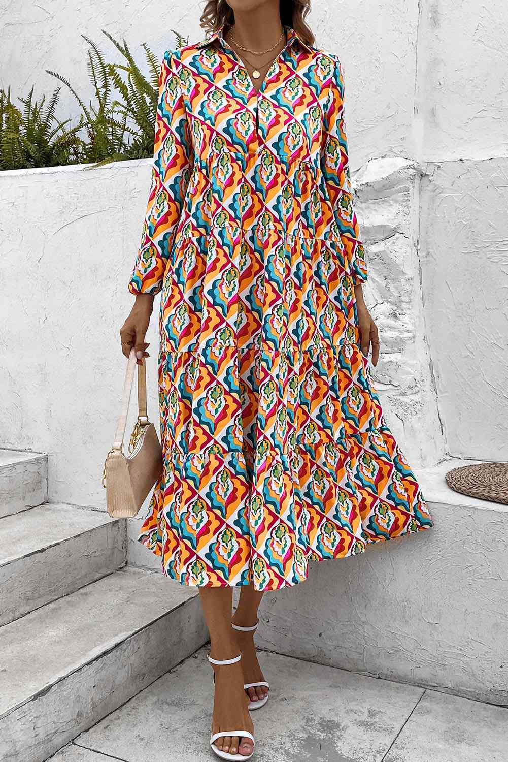 Printed Collared Neck Long Sleeve Dress - Pahabu - Women's Clothing & Shop