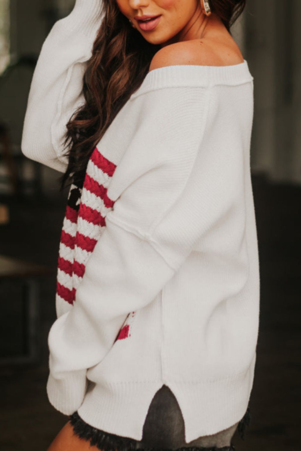 US Flag Side Slit Drop Shoulder Sweater - Pahabu - Women's Clothing & Shop