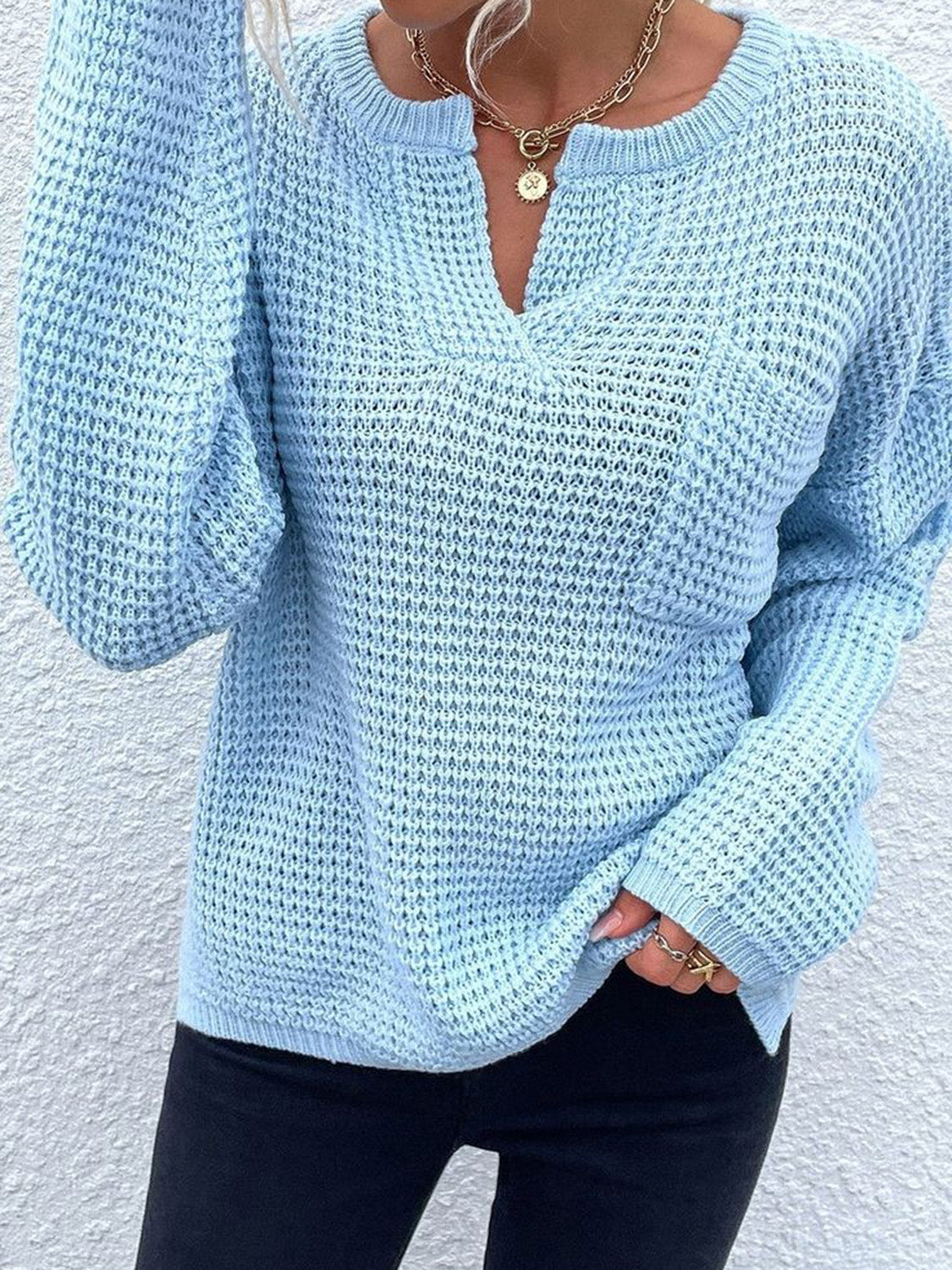 Notched Long Sleeve Sweater - Pahabu - Women's Clothing & Shop