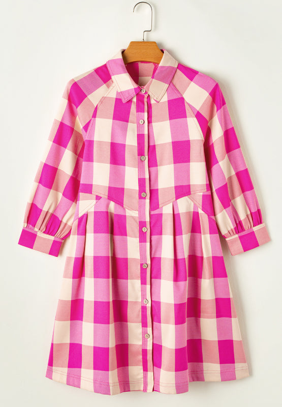 Ruched Plaid Three-Quarter Sleeve Shirt Dress - Pahabu - Women's Clothing & Shop