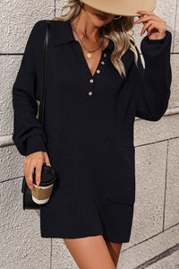 Collared Neck Long Sleeve Sweater Dress with Pockets - Pahabu - Women's Clothing & Shop
