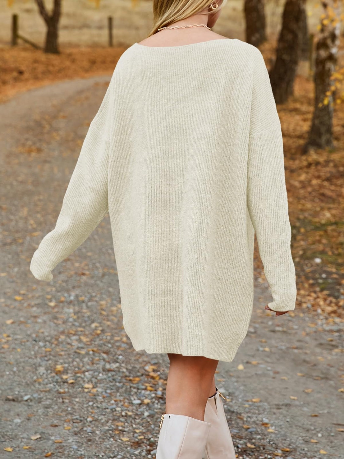V-Neck Dropped Shoulder Sweater Dress - Pahabu - Women's Clothing & Shop