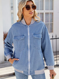 Pocketed Zip Up Baseball Collar Denim Jacket - Pahabu - Women's Clothing & Shop