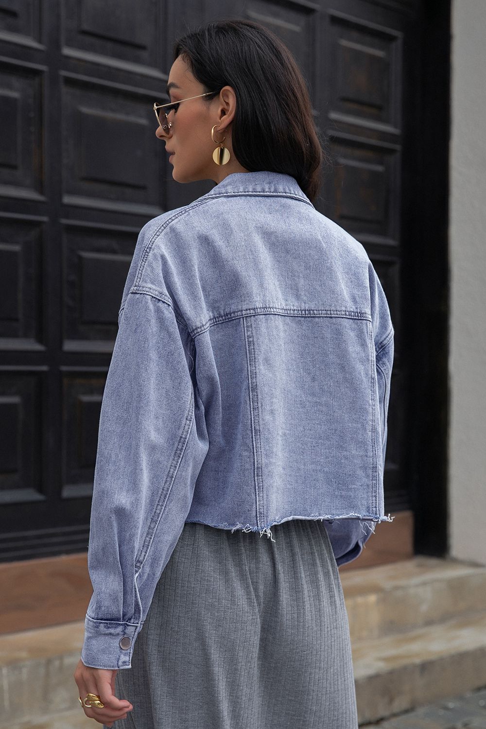 Lapel Collar Long Sleeve Denim Jacket - Pahabu - Women's Clothing & Shop