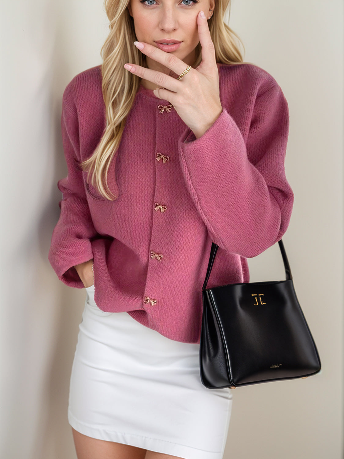 Bow Button Down Round Neck Long Sleeve Cardigan - Pahabu - Women's Clothing & Shop