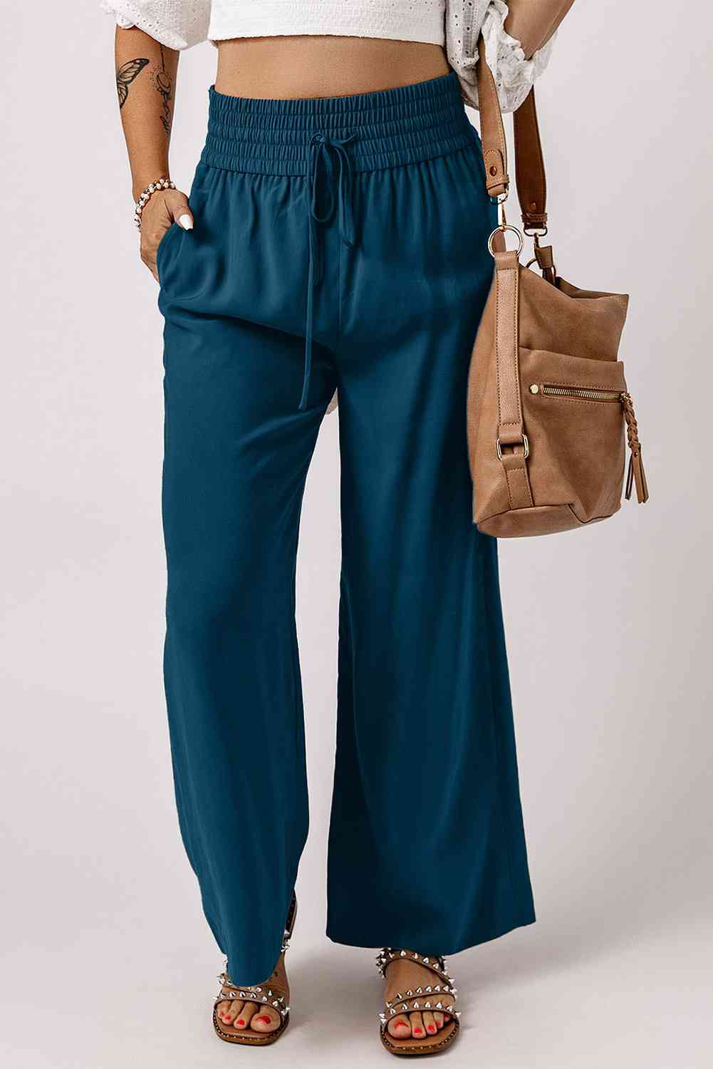 Drawstring Smocked Waist Wide Leg Pants - Pahabu - Women's Clothing & Shop