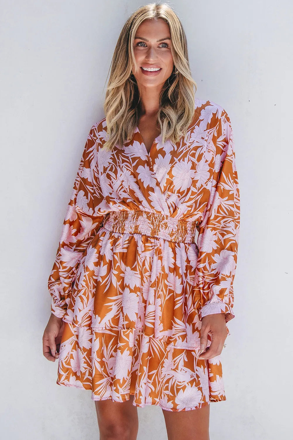 Smocked Printed Long Sleeve Mini Dress - Pahabu - Women's Clothing & Shop