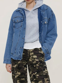 Button Up Collared Neck Long Sleeve Denim Jacket - Pahabu - Women's Clothing & Shop