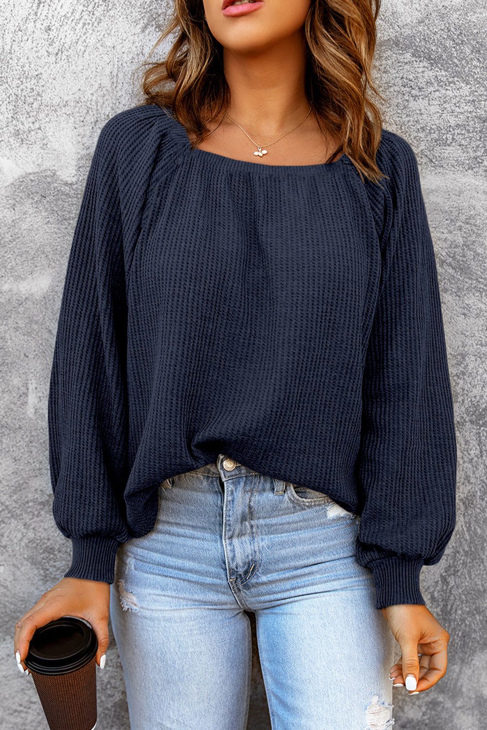 Square Neck Waffle-Knit Top - Pahabu - Women's Clothing & Shop