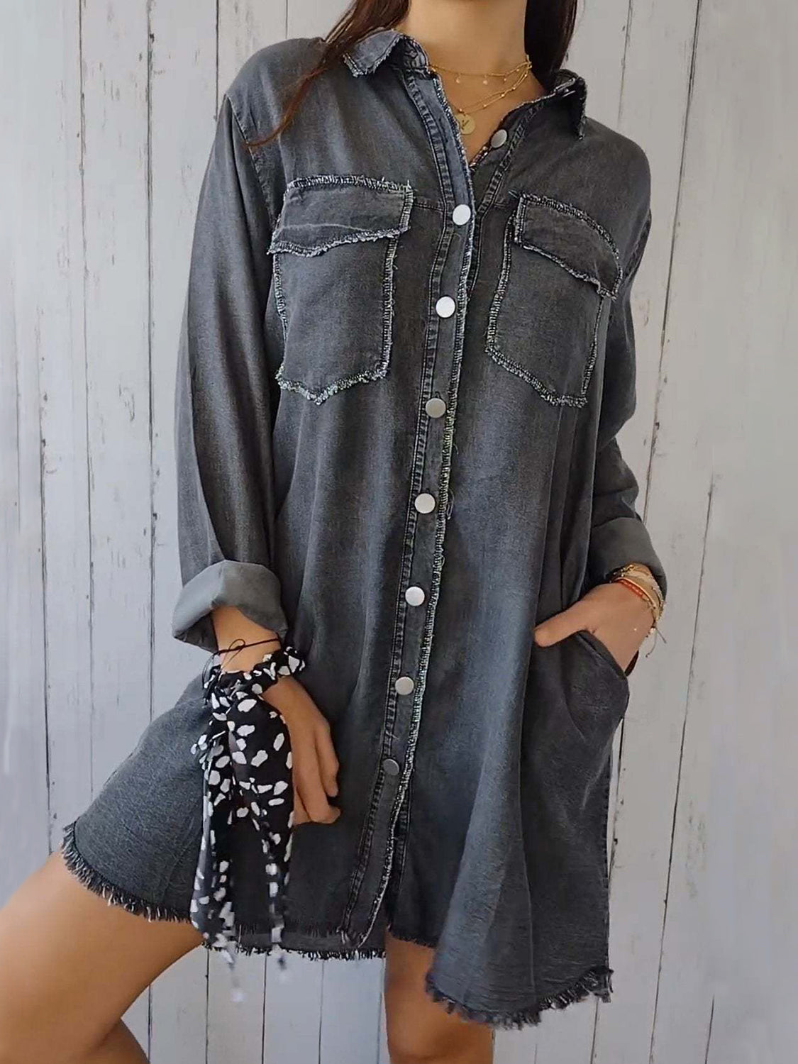 Full Size Raw Hem Button Up Long Sleeve Denim Top Plus Size - Pahabu - Women's Clothing & Shop