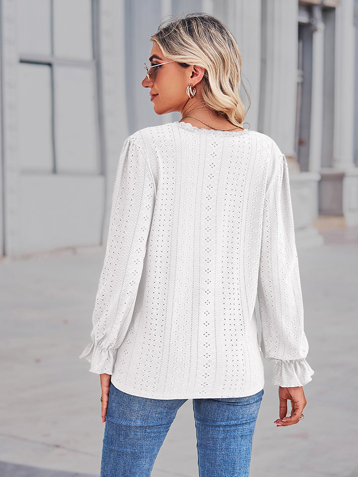 Eyelet V-Neck Flounce Sleeve Blouse - Pahabu - Women's Clothing & Shop
