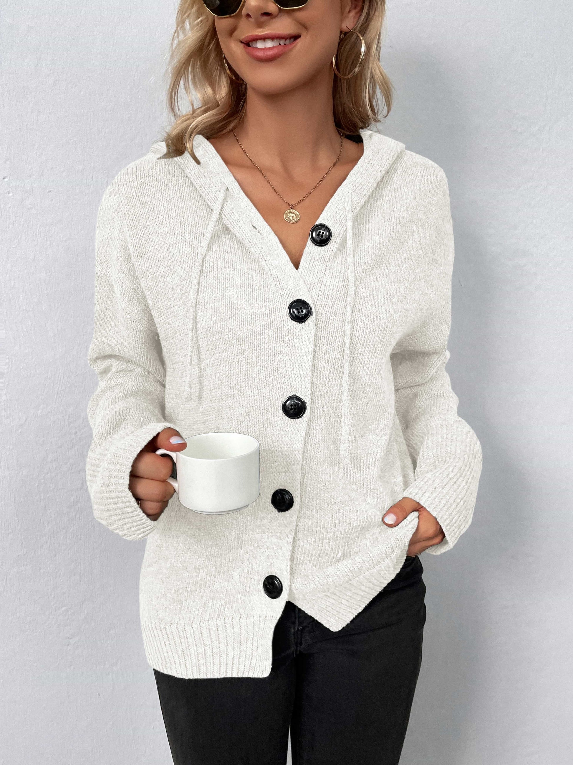 Button-Down Long Sleeve Hooded Sweater - Pahabu - Women's Clothing & Shop