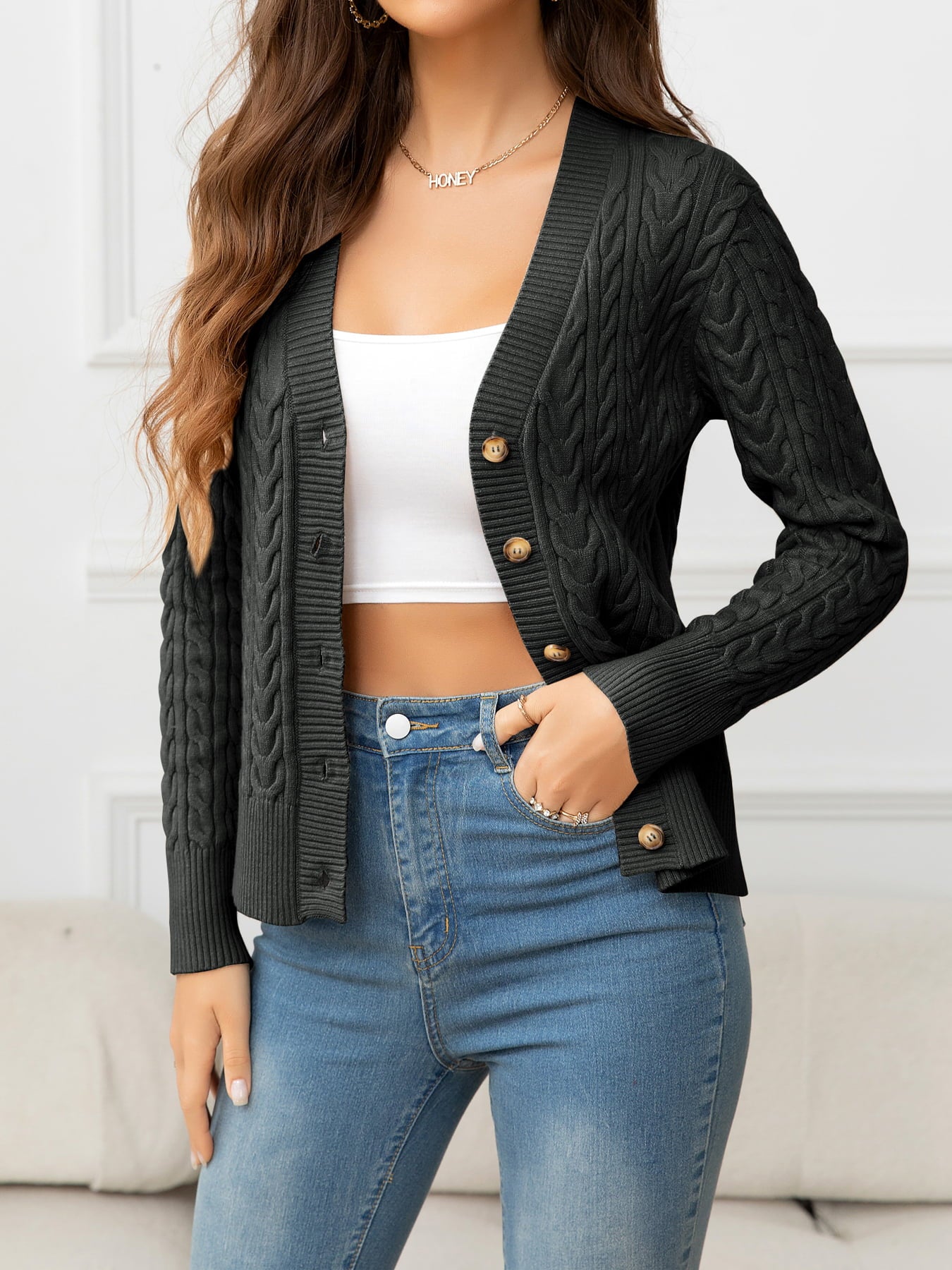 V-Neck Long Sleeve Cable-Knit Buttoned Knit Top - Pahabu - Women's Clothing & Shop
