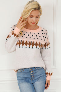 Geometric Round Neck Long Sleeve Sweater - Pahabu - Women's Clothing & Shop