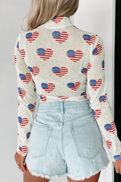 US Flag Heart Mock Neck Long Sleeve Bodysuit - Pahabu - Women's Clothing & Shop