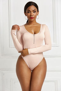 Half Zip Scoop Neck Long Sleeve Bodysuit - Pahabu - Women's Clothing & Shop