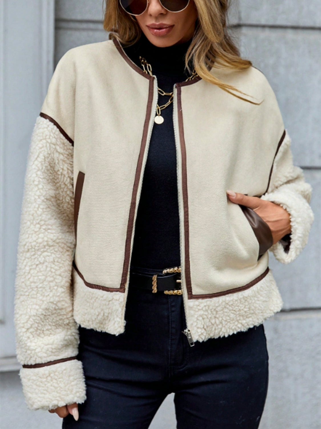 Contrast Trim Zip Up Sherpa Jacket - Pahabu - Women's Clothing & Shop