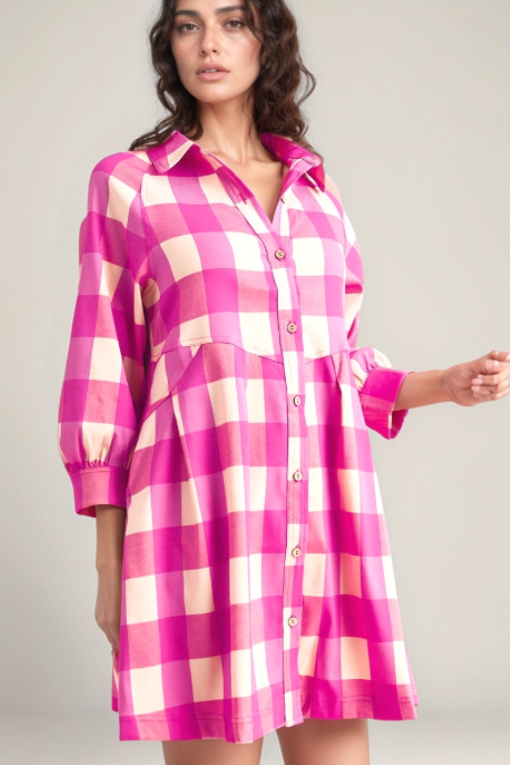 Ruched Plaid Three-Quarter Sleeve Shirt Dress - Pahabu - Women's Clothing & Shop