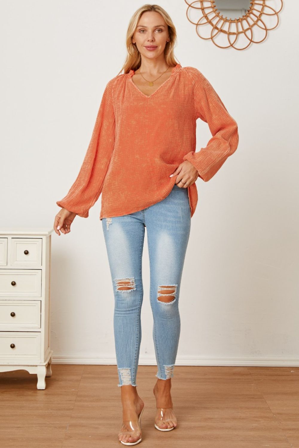 Frill V-Neck Balloon Sleeve Blouse - Pahabu - Women's Clothing & Shop