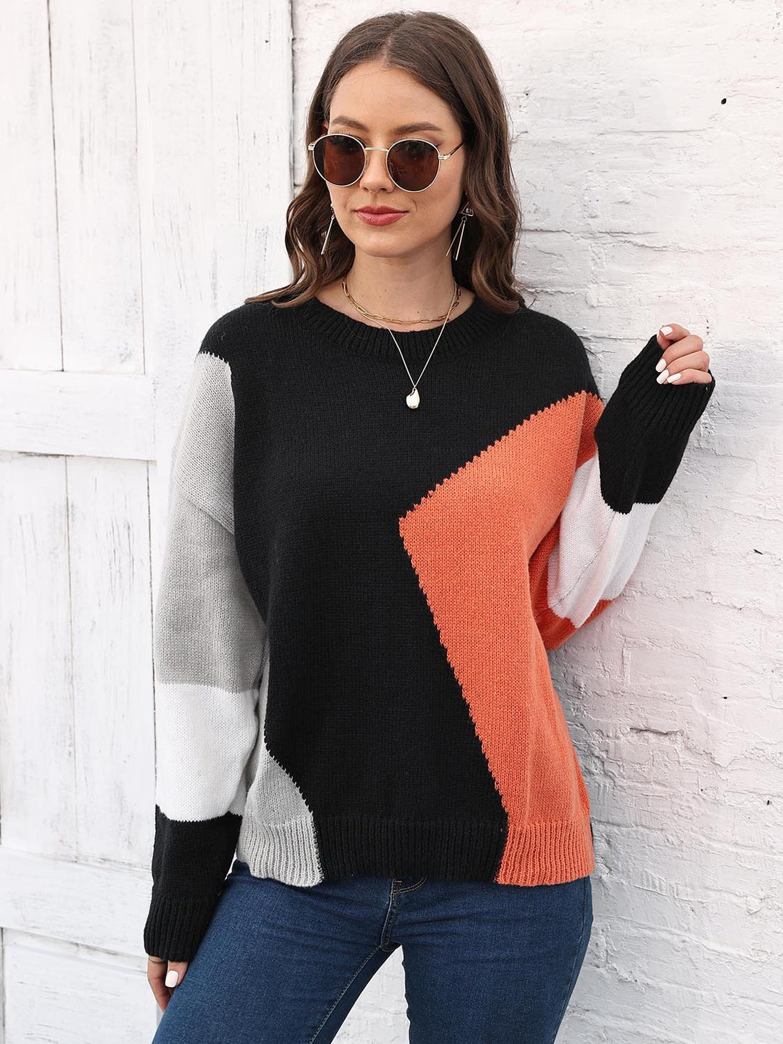 Color Block Round Neck Sweater - Pahabu - Women's Clothing & Shop