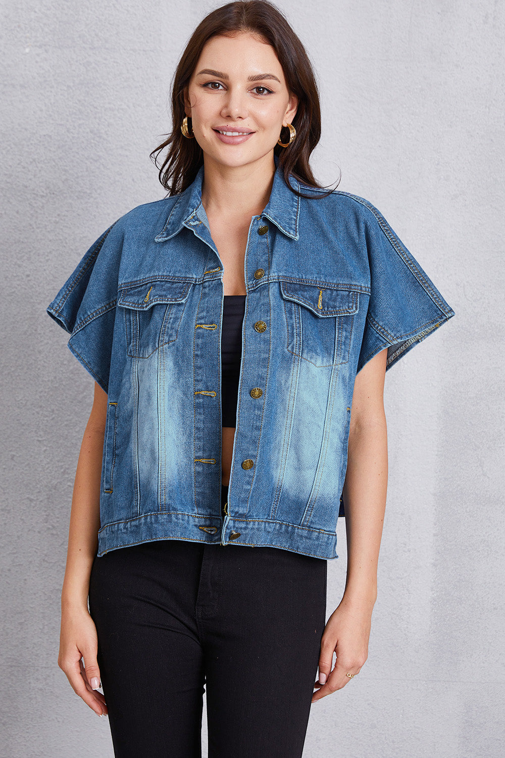 Pocketed Button Up Short Sleeve Denim Top - Pahabu - Women's Clothing & Shop
