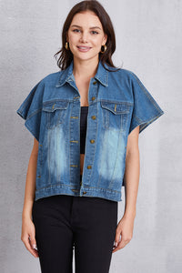 Pocketed Button Up Short Sleeve Denim Top - Pahabu - Women's Clothing & Shop