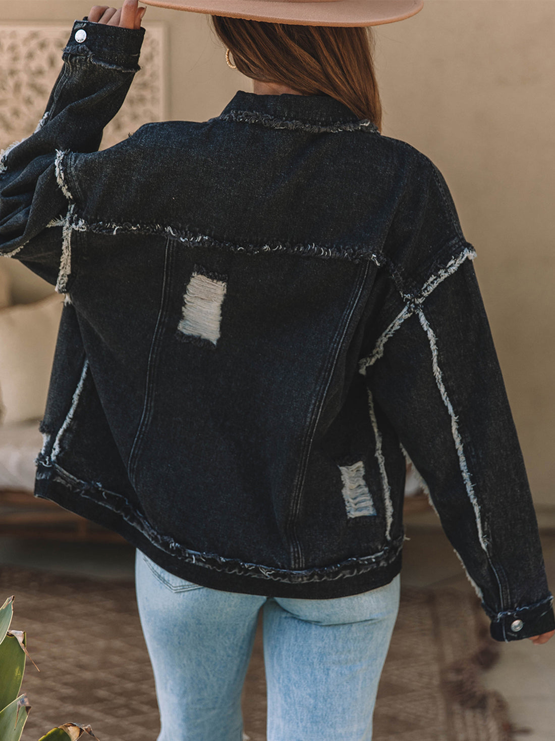Button Up Raw Hem Distressed Denim Jacket - Pahabu - Women's Clothing & Shop