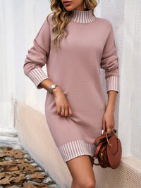 Devine Striped Mock Neck Long Sleeve Sweater Dress - Pahabu - Women's Clothing & Shop