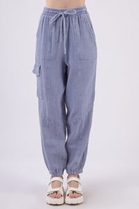 VERY J Washed Woven Crinkle Gauze Drawstring Cargo Pants