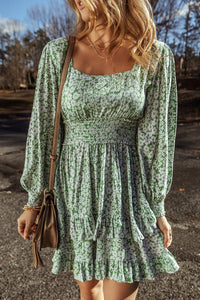 Ruffle Hem Floral Square Neck Long Sleeve Dress - Pahabu - Women's Clothing & Shop