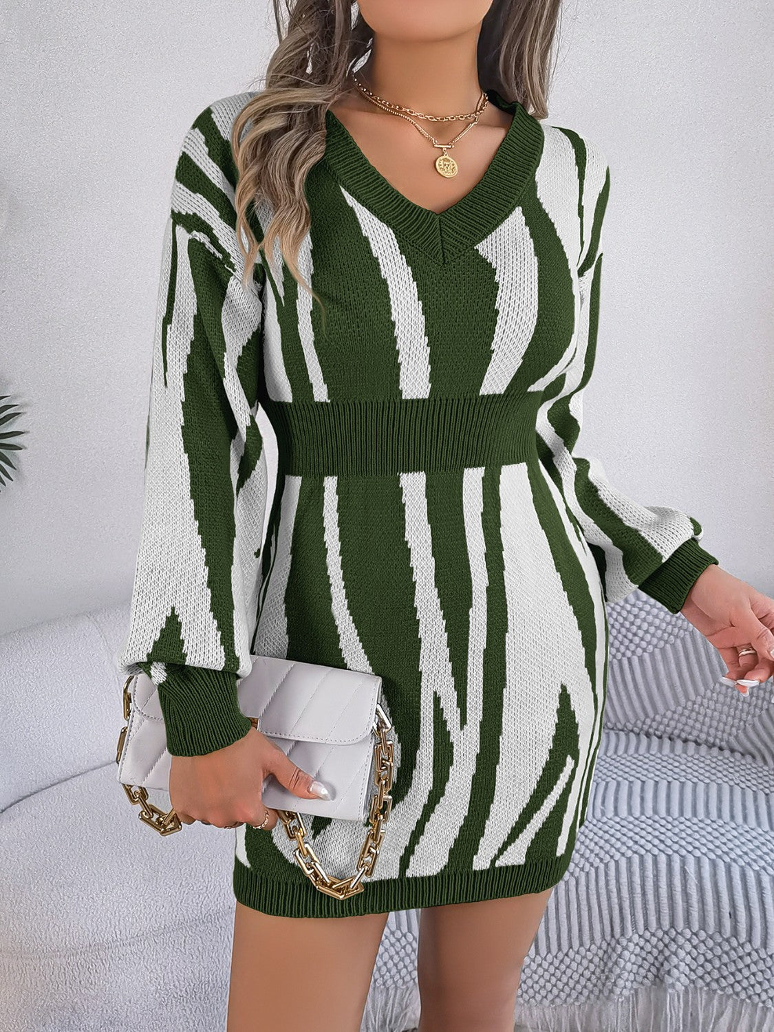 Animal Print V-Neck Long Sleeve Sweater Dress - Pahabu - Women's Clothing & Shop