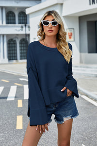 High-Low Slit Round Neck Long Sleeve Sweater - Pahabu - Women's Clothing & Shop