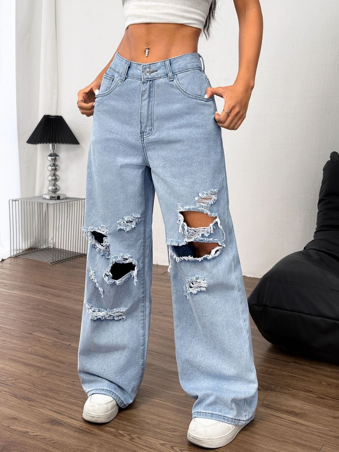 Distressed Wide Leg Jeans with Pockets - Pahabu - Women's Clothing & Shop