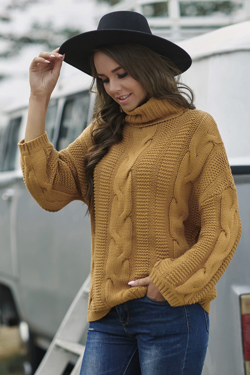 Cable-Knit Turtleneck Dropped Shoulder Sweater - Pahabu - Women's Clothing & Shop