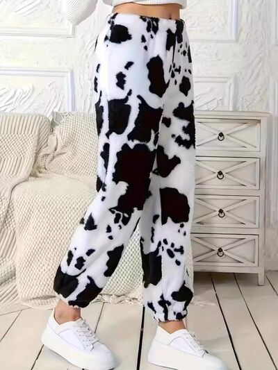Fuzzy Cow Print Elastic Waist Pants - Pahabu - Women's Clothing & Shop