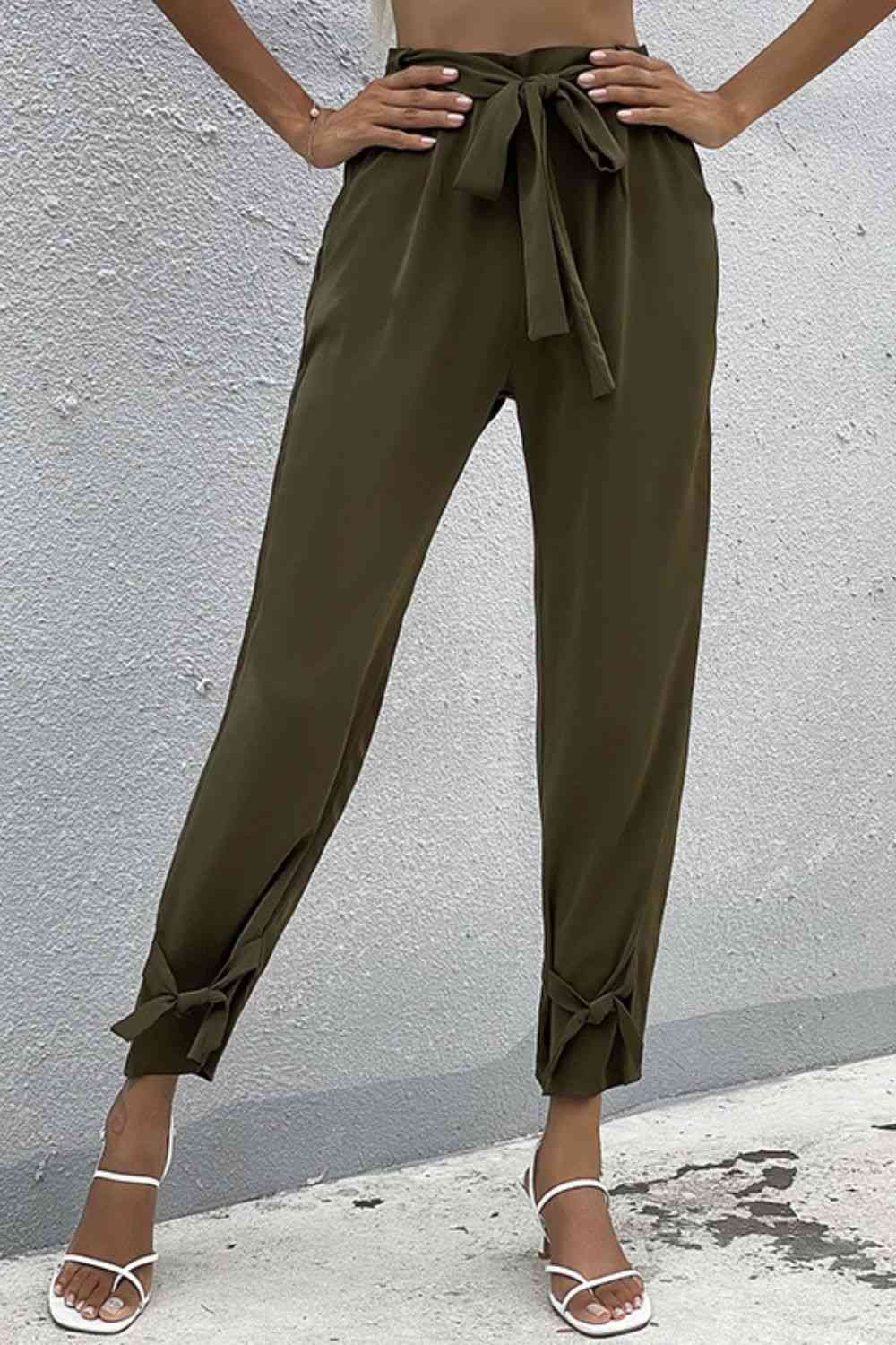 Perfee Tie Detail Belted Pants with Pockets - Pahabu - Women's Clothing & Shop